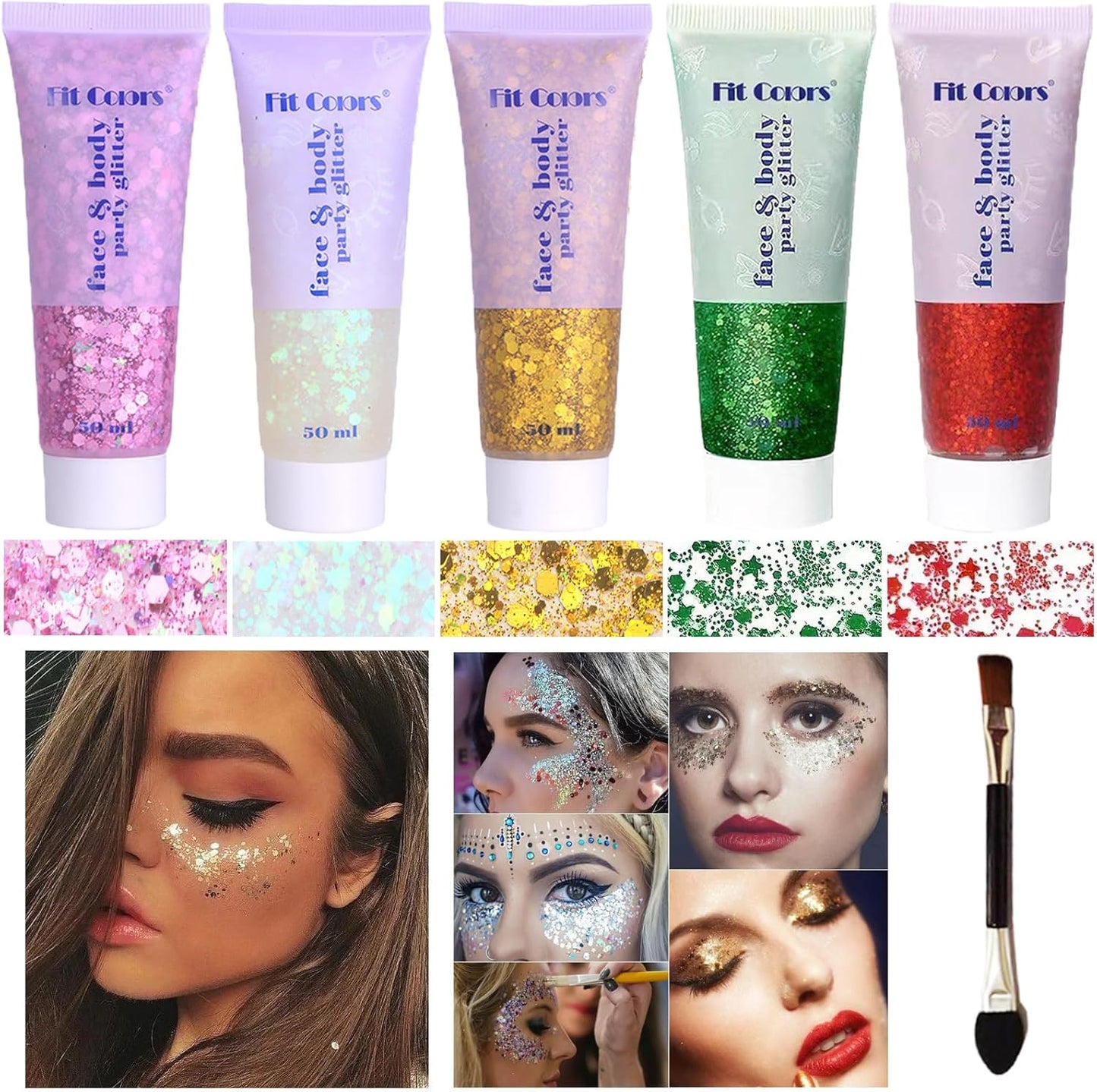 Body Glitter Face Glitter Gel: Singer Concerts Disco Festival Rave Accessories Face Glitter Makeup 150ml Chunky Sequins Mermaid Face Body Hair Glitter Gel (White&Pink&Gold&Green&Red)
