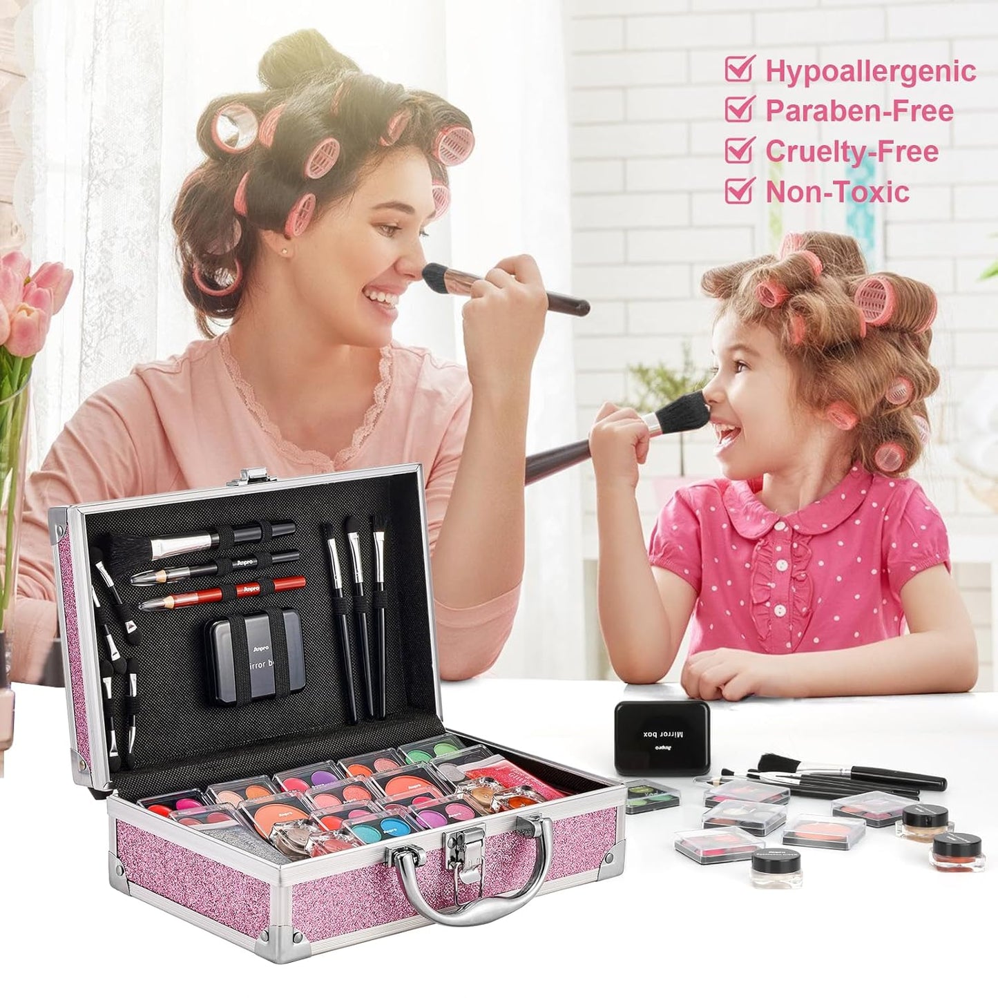 Anpro All-In-One Makeup Carry Case with Pro Teen Makeup Set, Full Starter Cosmetics Kit with Makeup Brushes, Lipsticks, Eye Shadows Palette, Blushes, Glitter Gel-Purple