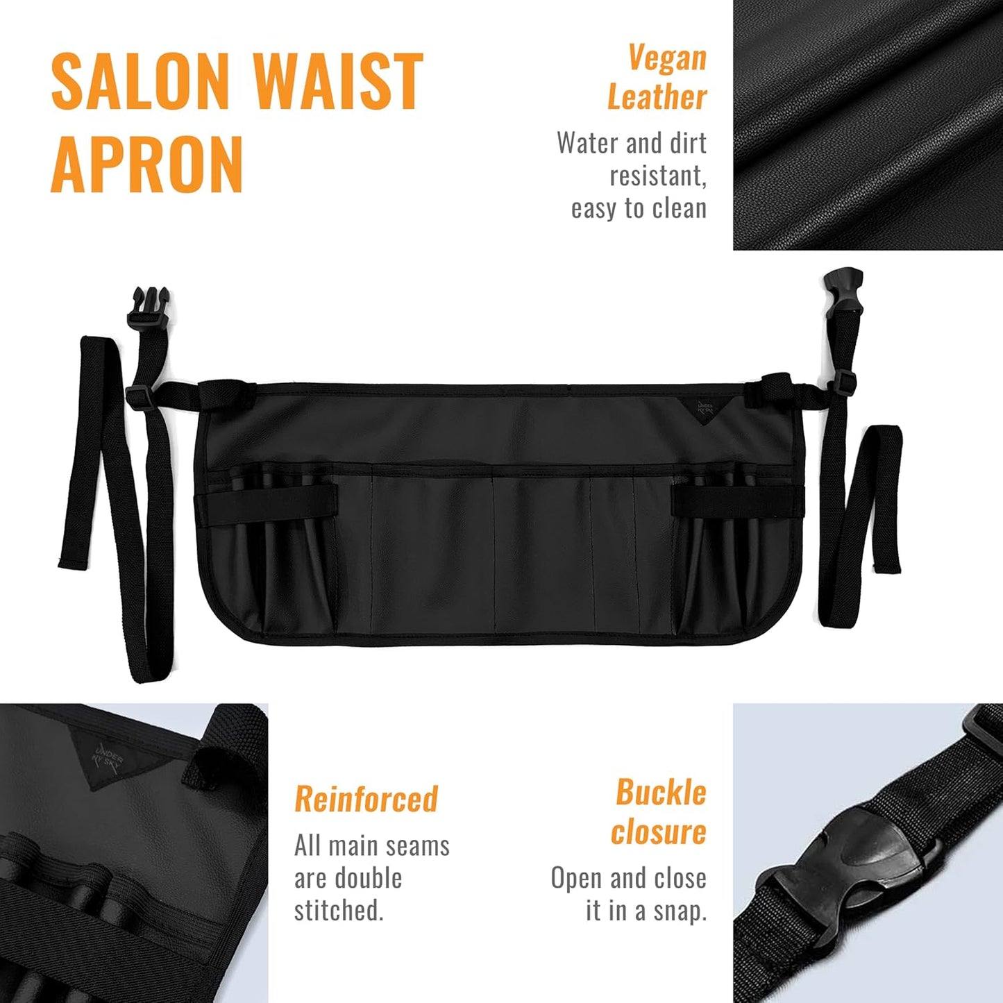 Under NY Sky Salon Waist Apron - Vegan Leather - 9 Pockets, 3 Loops - Hair Cut Holster for Tool Storage, Shears, Brush, Trimmer - Belt Pouch - Hair Stylist, Makeup Artist, Barber, Cosmetology - Black