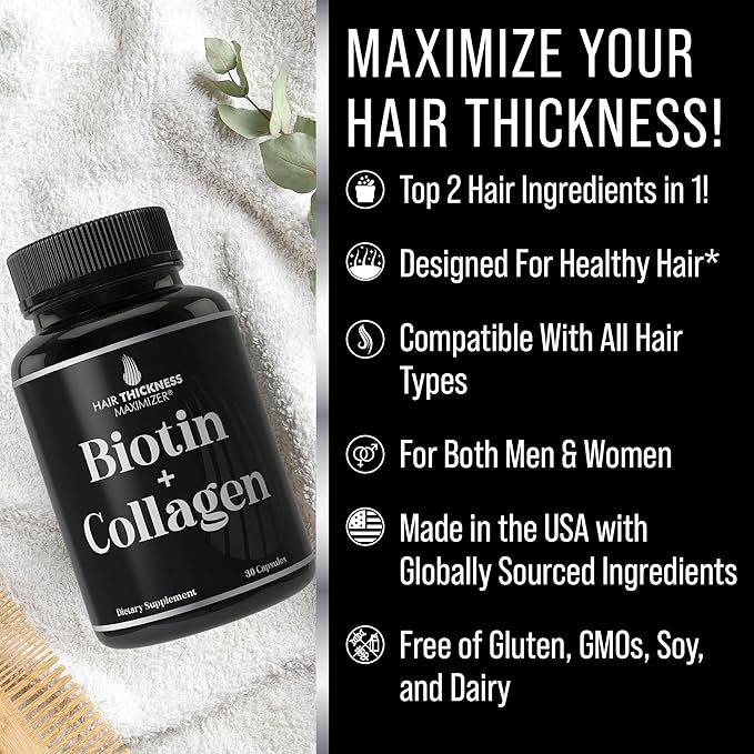 Biotin and Collagen Supplement – 10,000mcg Biotin + Bovine Collagen for Thinning & Brittle Hair. Advanced 2-in-1 Vitamin Complex. Supports Thicker, Healthier Hair Growth for Women, Men