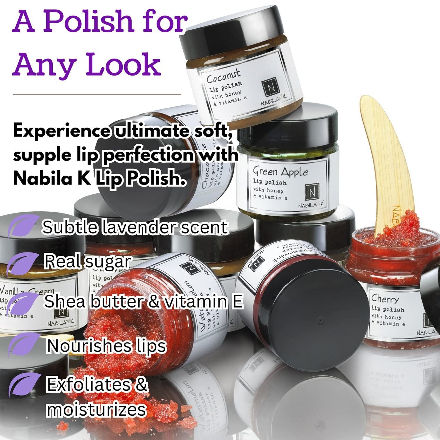 Lavender Lip Polish, 1 oz by Nabila K - Hydrating Lip Exfoliator & Moisturizer with Shea Butter and Vitamin E for Dry and Chapped Lips - Cruelty-Free, Real Sugar, Made in USA