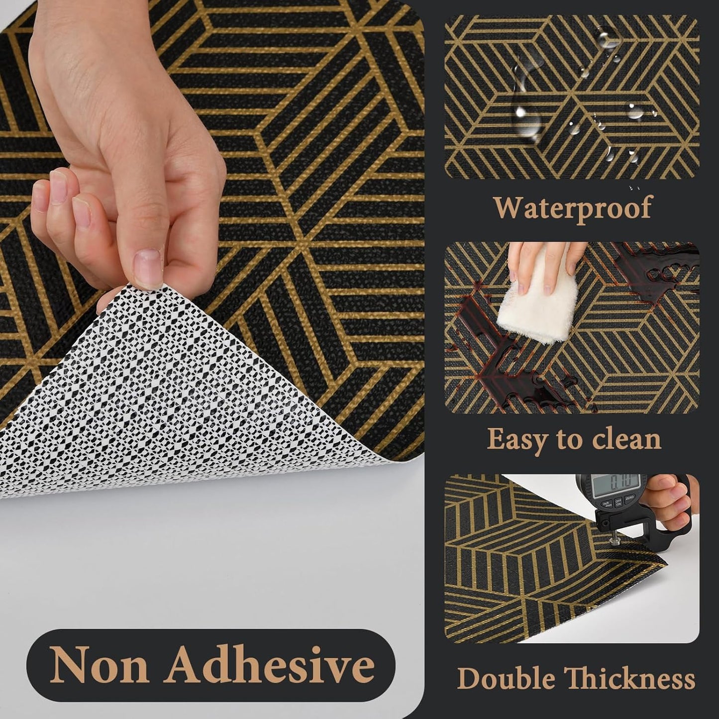 Shelf Liners for Kitchen Cabinets 23in x 20FT, Non Adhesive Cabinet Liner Strong Non-Slip Black Gold Geometric Drawer Liner, Easy to Clean for Shelf, Cabinet with Knife and Tape Measure