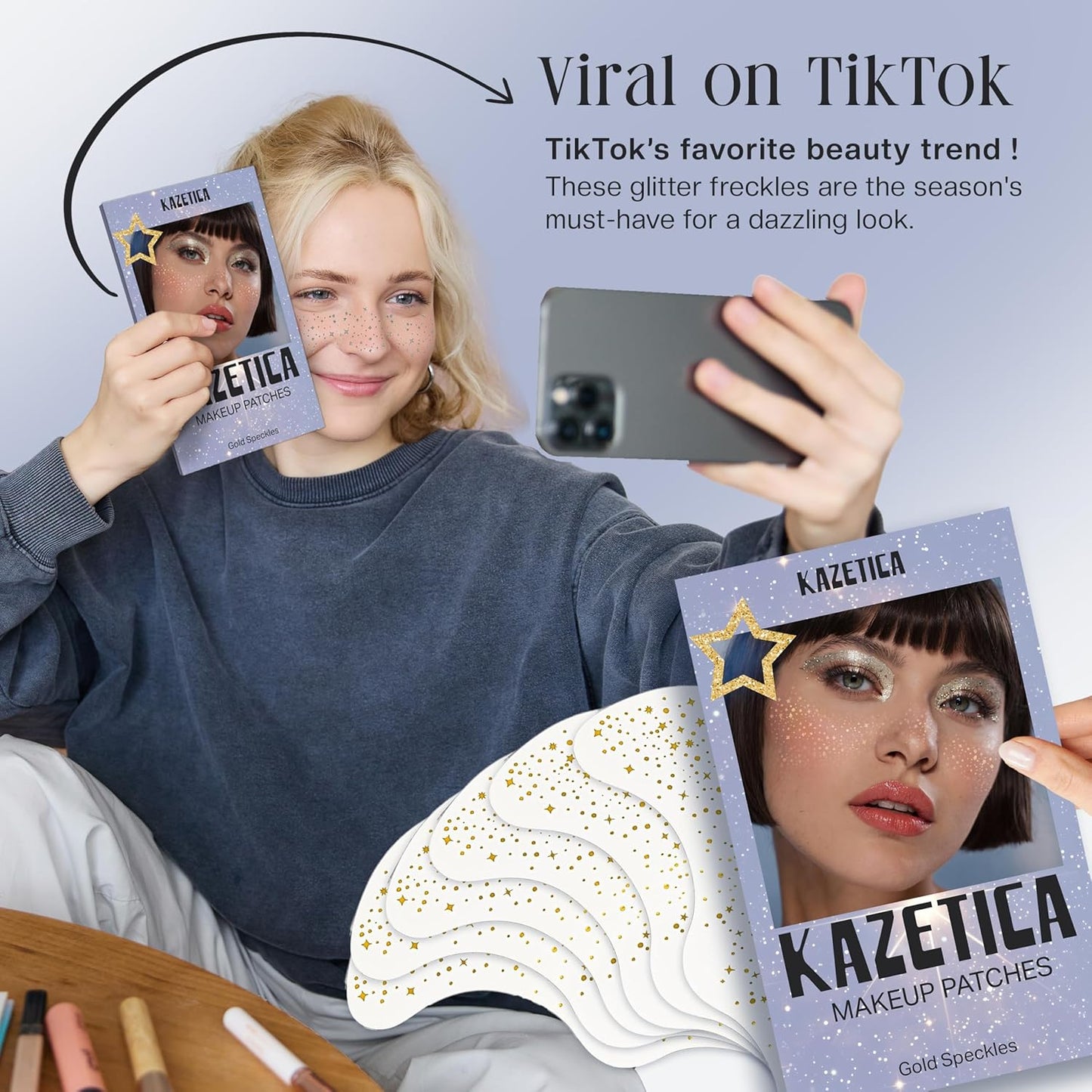 Glitter Freckles Face Tattoo, 10 Pcs Gold Face Glitter Freckles for Women, Festival Outfits for Women Rave Accessories Fake Tattoos, Sparkle Makeup Patches, Waterproof Speckles Patches,Mini Makeup