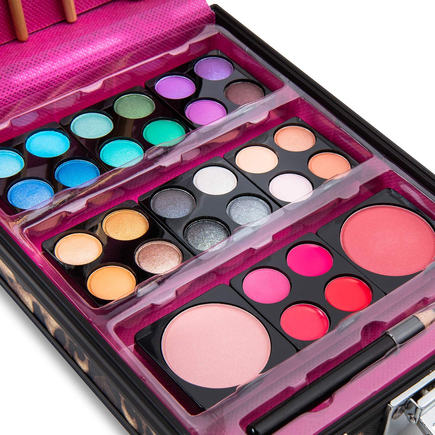 Vokai Makeup Kit Gift Set - Leopard Print Travel Case 24 Eye Shadows 4 Lip Glosses 2 Blushes 5 Brushes 1 Eye Liner Pencil - Case with Carrying Handle