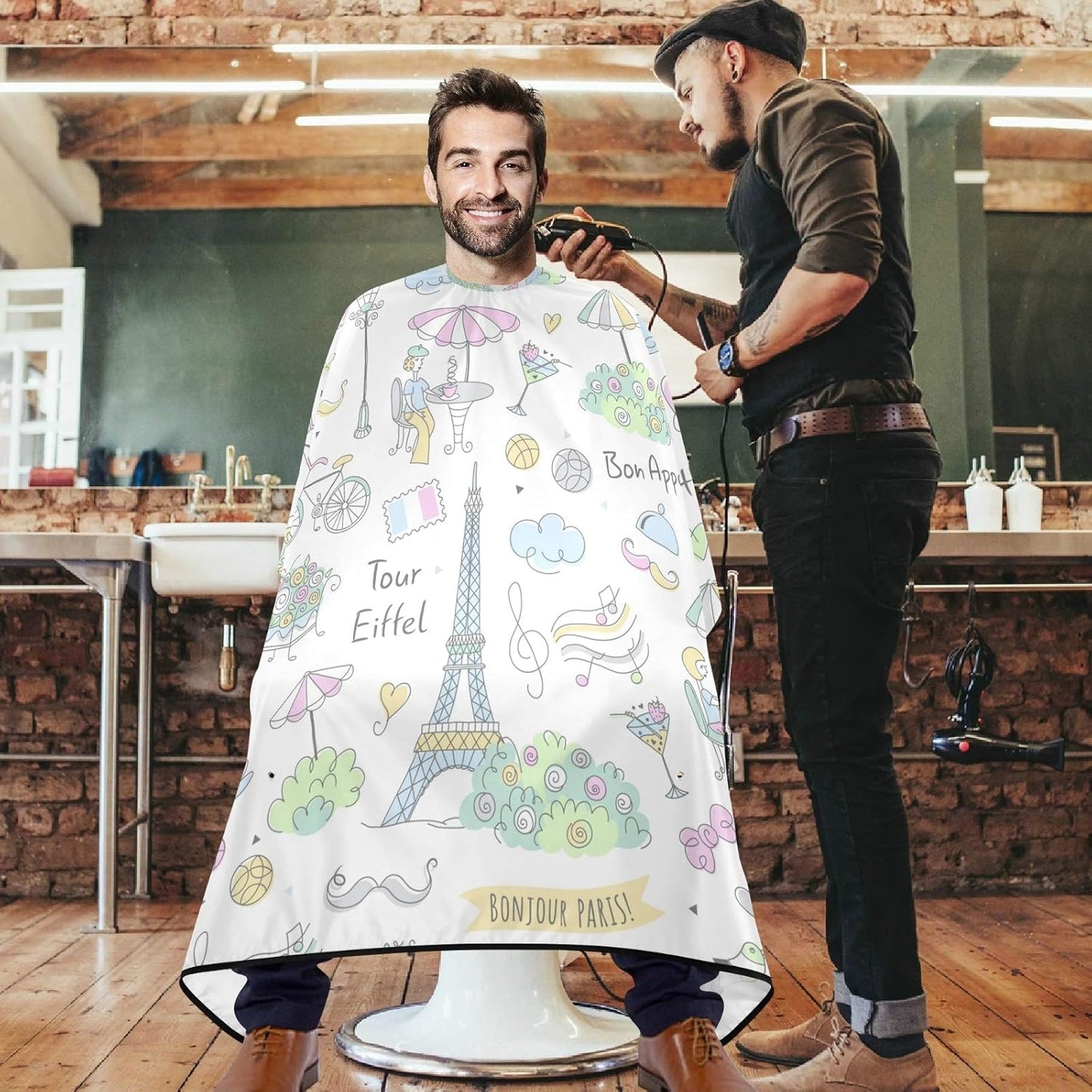 visesunny Barber Cape Paris French Symbols Polyester Hair Cutting Salon Cape Apron Anti-Static Haircut Water-Resistant Shaving Cloth Beard Shaving Bib Hairdressing Cape