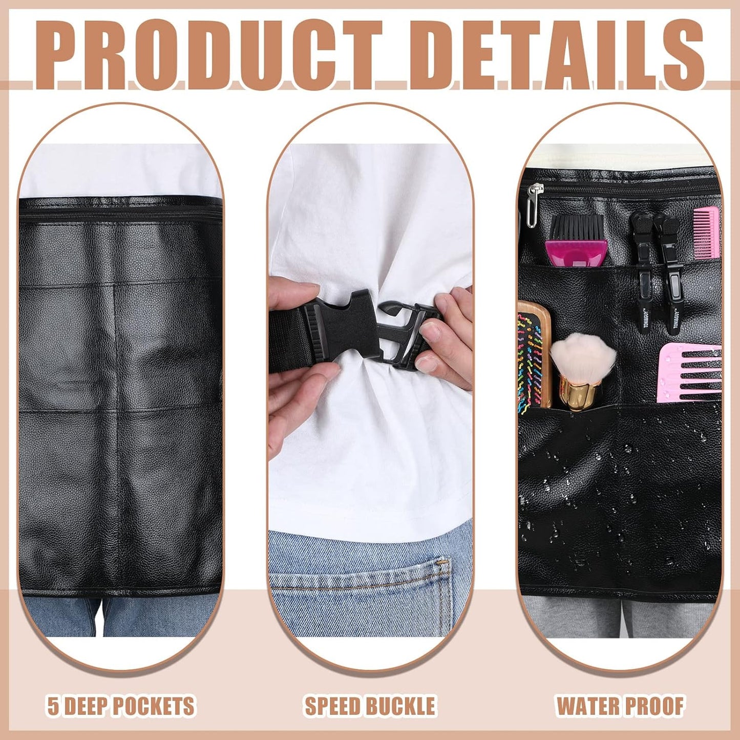 Hair Stylist Waist Bag, Waist Length Waterproof Hair Stylist Apron with 5 Pockets PU Leather Hipster Salon Belt Shears Pouch for Hair Cutting Clippers, Combs, Salon Tools, Makeup Tools