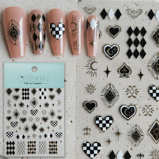 Black White Plaid Nail Stickers, Embossed Decals for Art Design, Self-Adhesive Accessories for Women, Nail Supplies