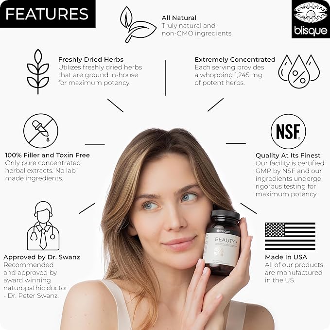 Blisque - Natural Beauty Supplement for Nail Strength, Hair Growth, and Skin Care | with Biotin & Hyaluronic Acid | Doctor Approved | Vegan and Non-GMO | 90 Capsules