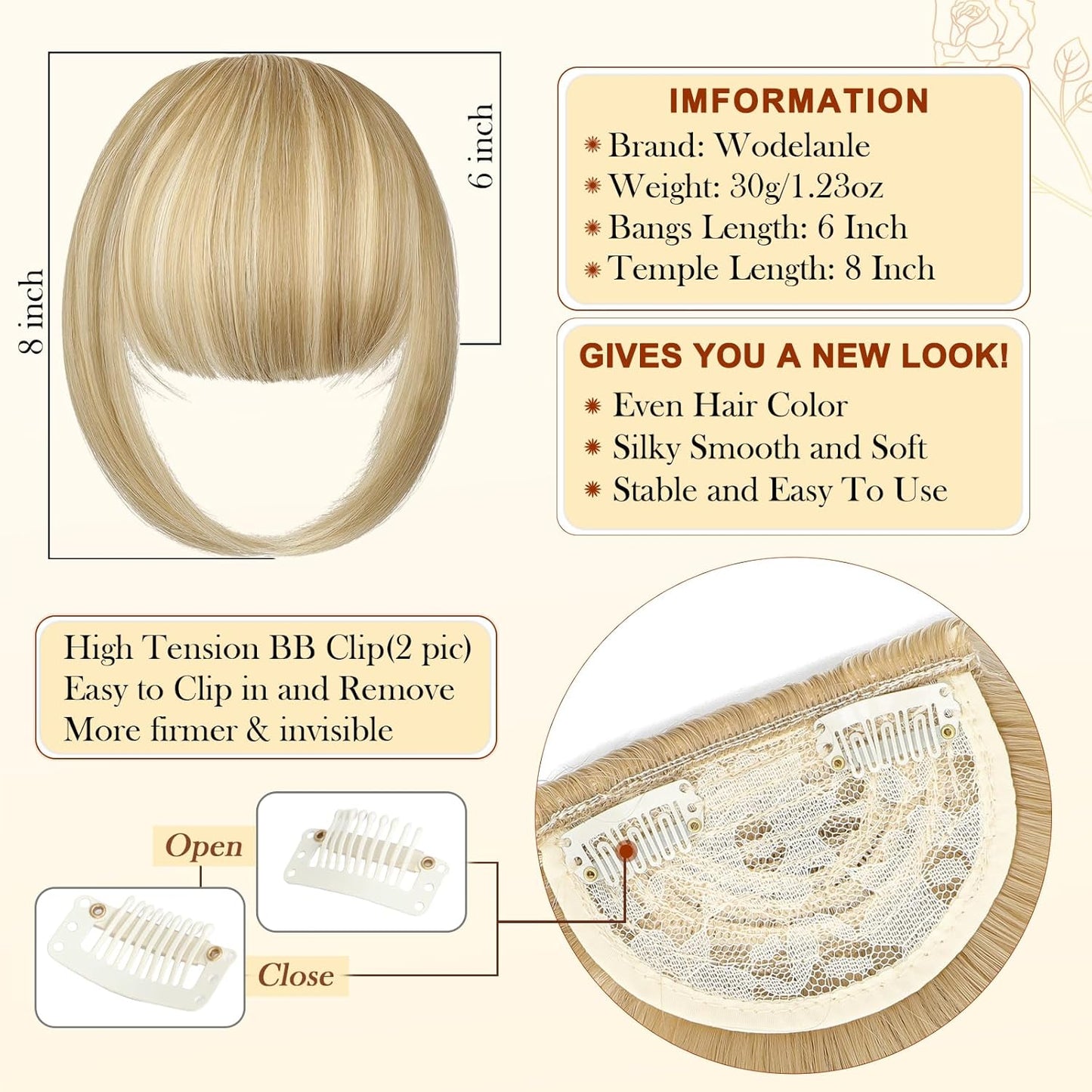 Bangs Clip in Natural Clip-In Faux French Bangs, Easy Curved Blonde Fringe Temples Hairpieces for Daily Wear