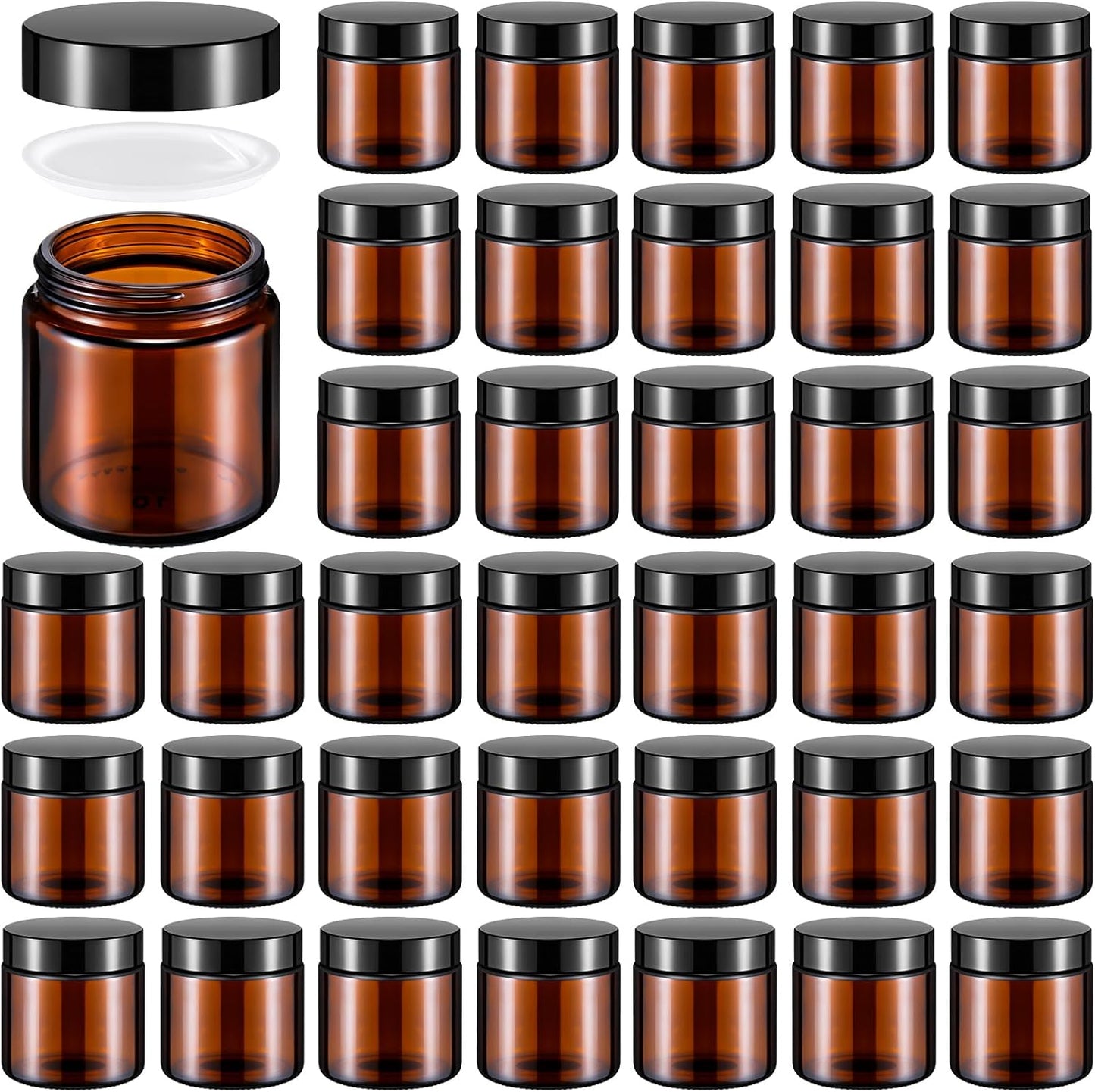 Norme 36 Pcs 4 oz Glass Jars with Lids Leakproof Round Airtight Empty Cosmetic Jars with Inner Liners Lid for Storing Lotions Powder Ointments Candle Making Tins (Black,Amber)
