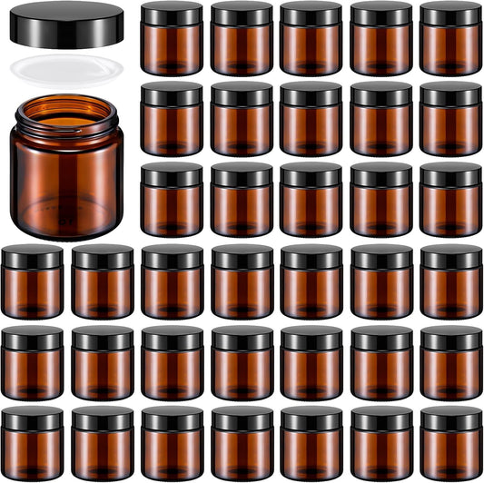 Norme 36 Pcs 4 oz Glass Jars with Lids Leakproof Round Airtight Empty Cosmetic Jars with Inner Liners Lid for Storing Lotions Powder Ointments Candle Making Tins (Black,Amber)