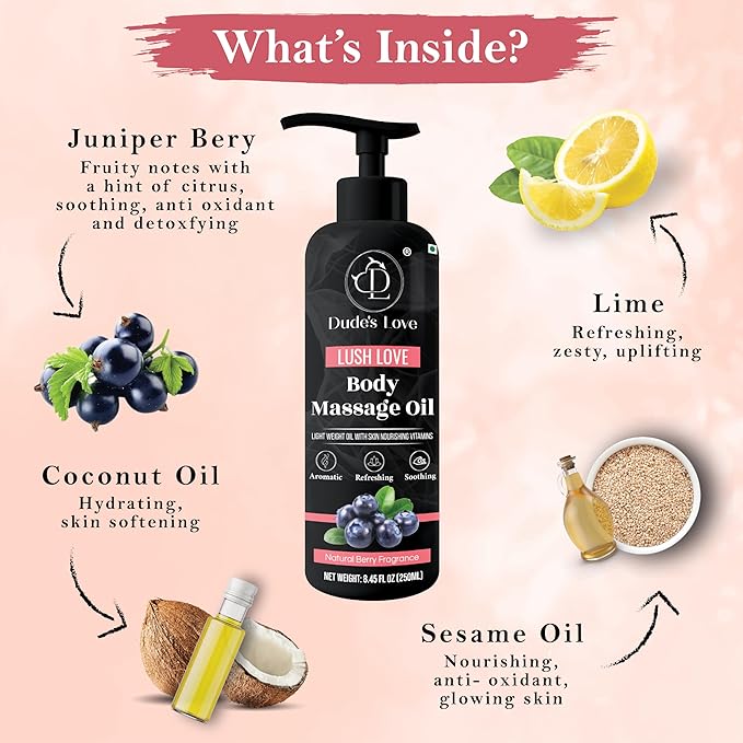 Organic - Berry Full Body Massage Oil - Revitalising, Detoxifying | No Stain & Non-Sticky | with Fractionated Coconut Oil, Lime & Juniper Berry Oil - 8.45 Fl Oz