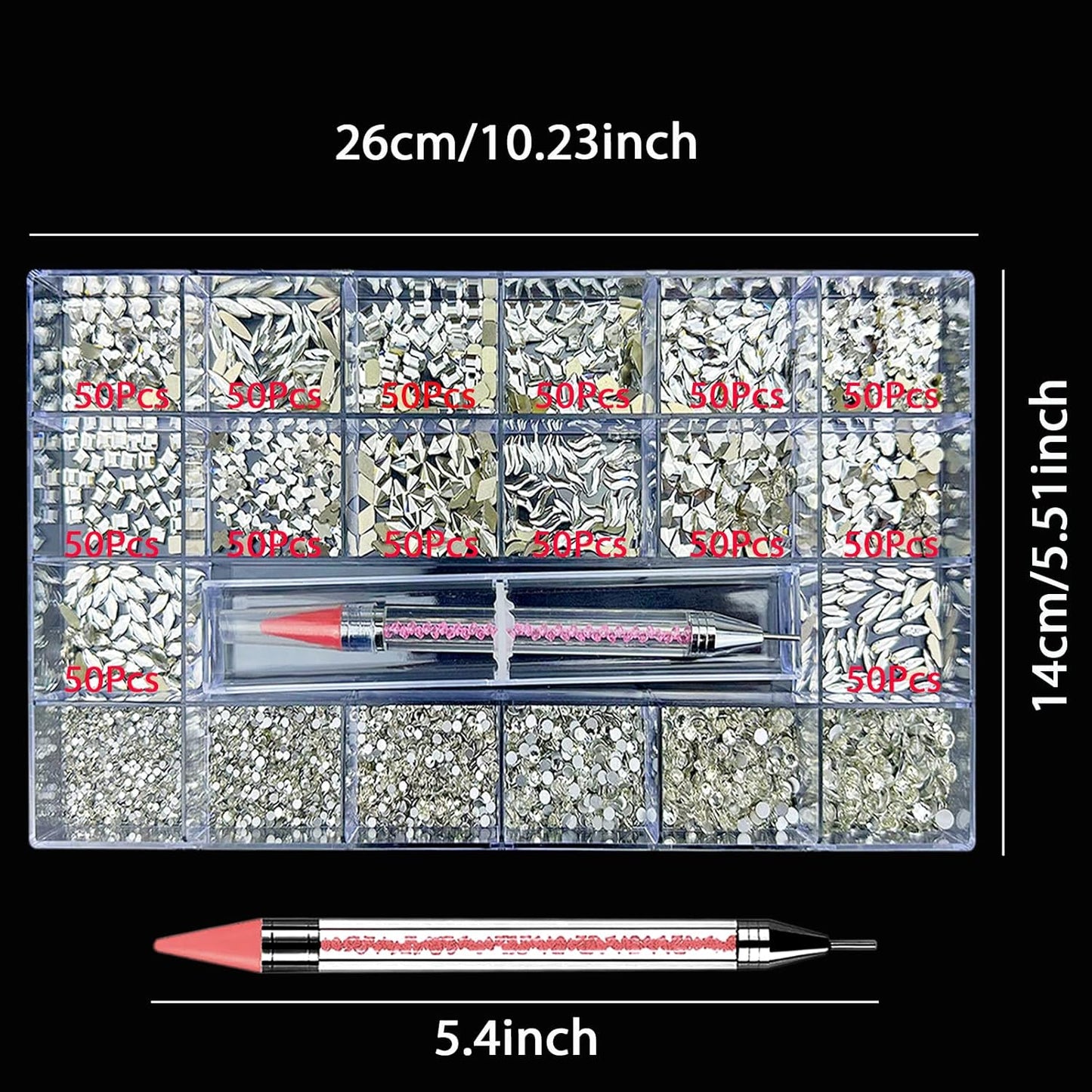 HUETFAT 14 Shaped Clear Nail Rhinestones for Art +6 Size Round Flatback Nails-Silver Charms with Wax Pen