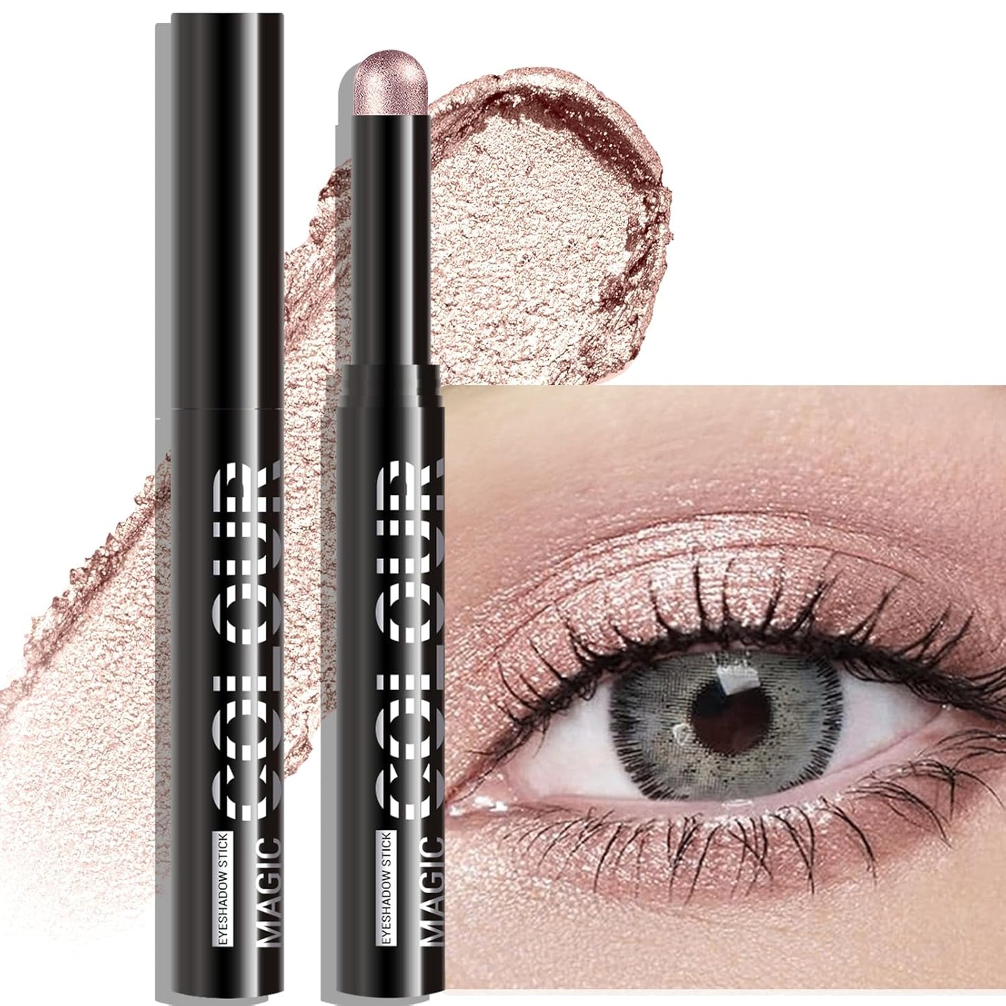 Glitter Eyeshadow Stick - Pale Rose Gold Shimmer Long Lasting Cream Eye Shadow Pencil Buildable Sparkling Face Highlighter Makeup, Lightweight Waterproof & Smudge Proof for Easy Application