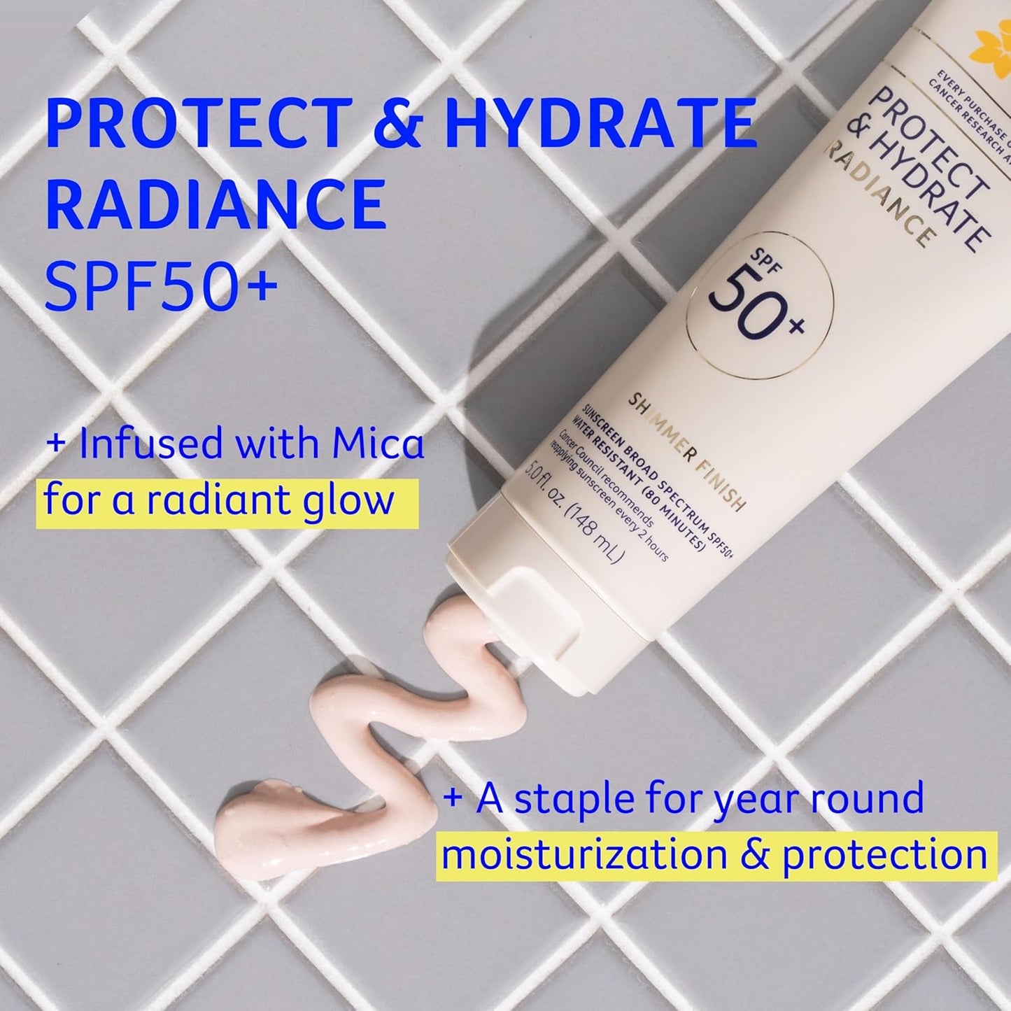 Cancer Council Protect & Hydrate Radiance Body Sunscreen SPF50+, Shimmer Finish Sun Care, Broad Spectrum UVA/UVB Sun Protection, Water Resistant, Paraben & Fragrance Free, Water Resistant, 5fl. oz.