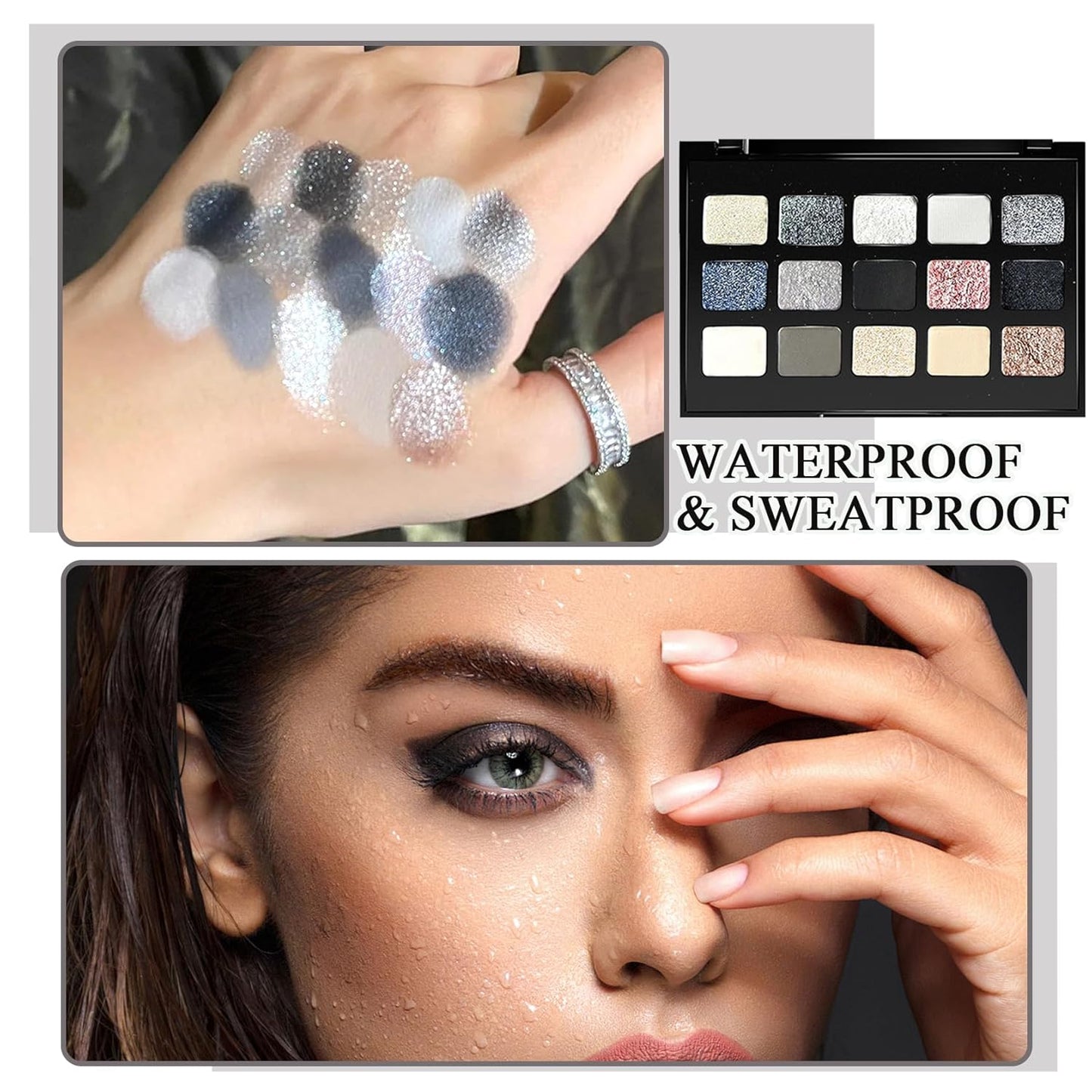 Black Grey Smoky Eyeshadow Palette,15 Colors Matte Shimmer Pigmented Eye Shadow Makeup Palette Set with 3 Eyeshadow Brushes,Glitter Eyeshadow Makeup Palette for Daily Halloween Goth Makeup(M)