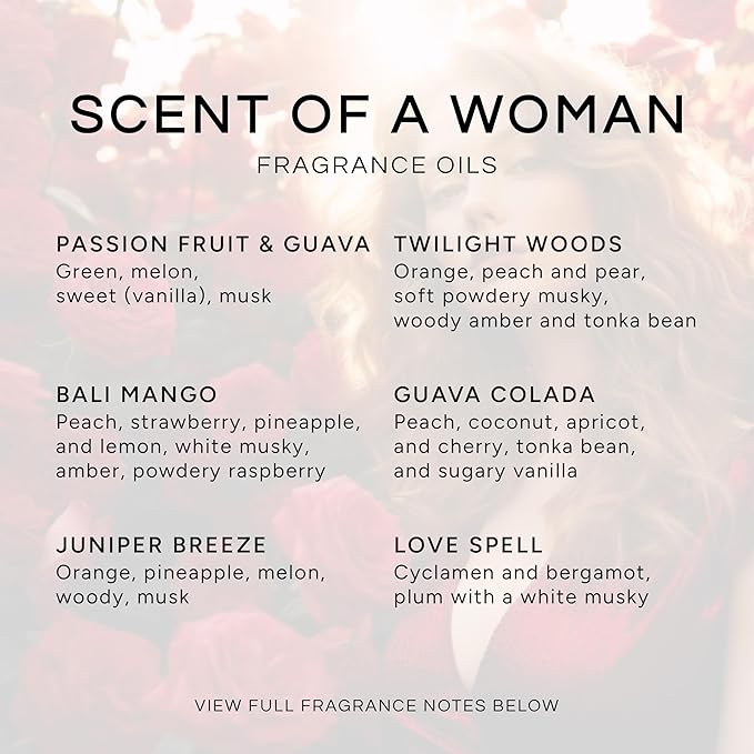 Eternal Essence Oils a Woman Set of 6 Premium Fragrance Oils - Includes Guava Colada, Twilight Woods, Bali Mango, Passion Fruit & Guava, Juniper Breeze, and Love Spell Scented Oils - 10ML