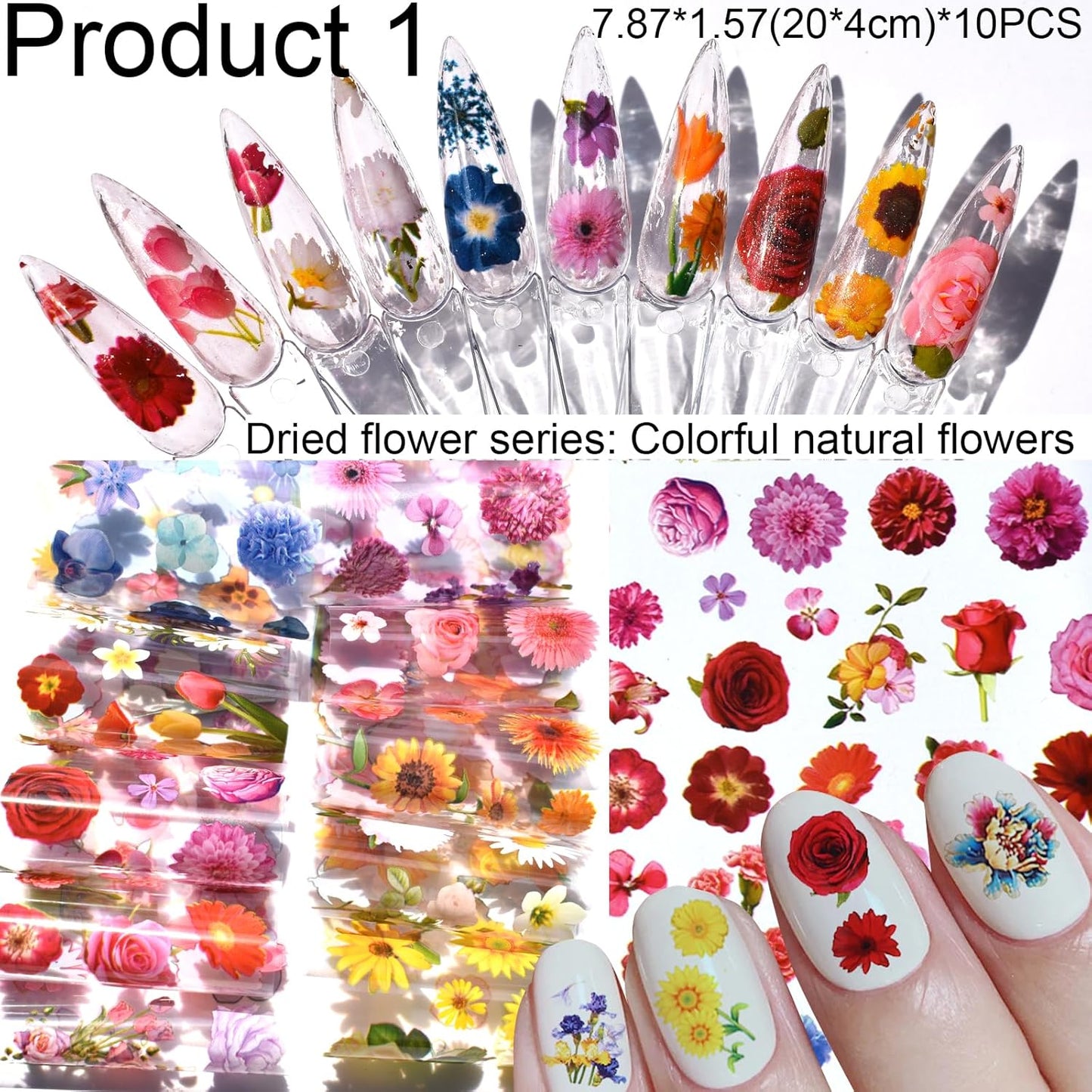 Nail Art Transfer Foils, 60 Pieces, Mixed Designs - Dried Flowers, Iridescent, Animal Print, Marble, Checkered Patterns, 1 Pcs Nail Art Engraving Pen Silicone Pen 7.87 x 1.57 inches(60)