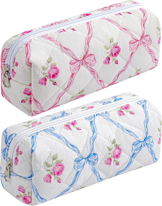 Cute Floral Cotton Makeup Brush Cosmetic Bag for Women, Travel Quilted Zipper Make Up Bag, Flowers Toiletry Organizer Case Kawaii Makeup Cosmetic Travel Cloth Pouch (Pink Bowknot+Blue Bowknot)