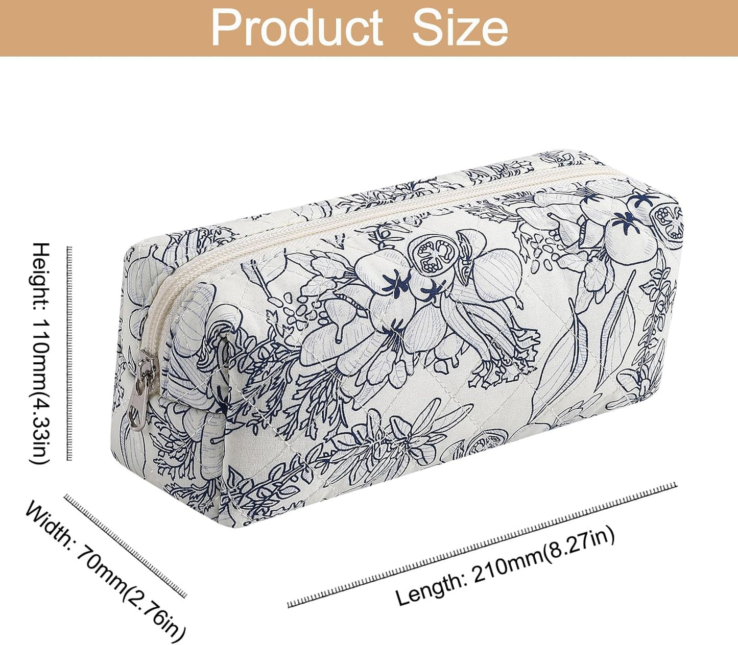 Cute Floral Cotton Makeup Brush Cosmetic Bag for Women, Travel Quilted Zipper Make Up Bag, Flowers Toiletry Organizer Case Kawaii Makeup Cosmetic Travel Cloth Pouch (Navy Blue Flower)