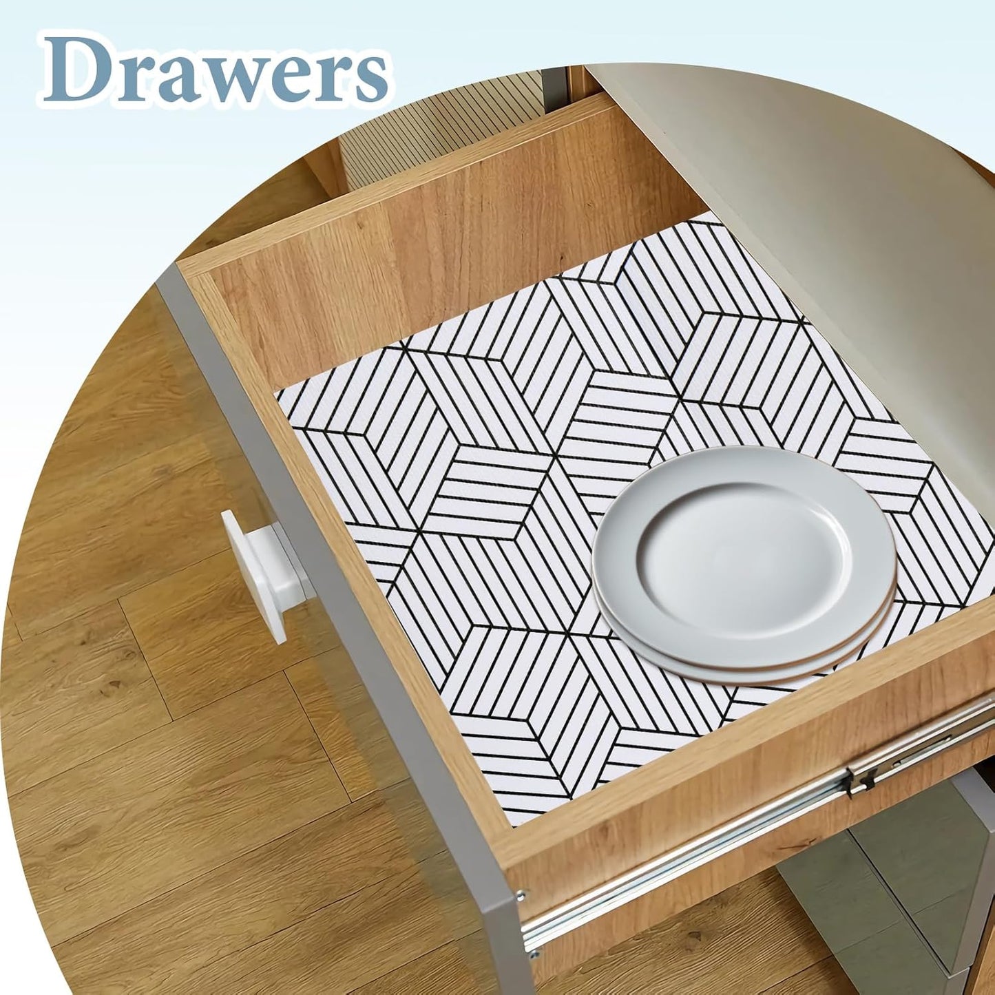 Shelf Liners for Kitchen Cabinets 17in x 20FT, Non Adhesive Cabinet Liner Strong Non-Slip Thickened Black White Geometric Drawer Liner, Easy to Clean for Shelf, Cabinet with Knife and Tape Measure