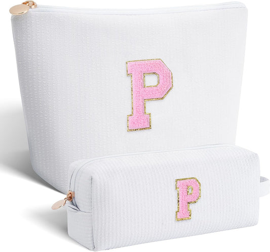 Personalized Makeup Bag for Women Girls - Fashion Cosmetic Bag Trendy Travel Toiletry Bag with Initials Letter - Teen Gifts - White,P