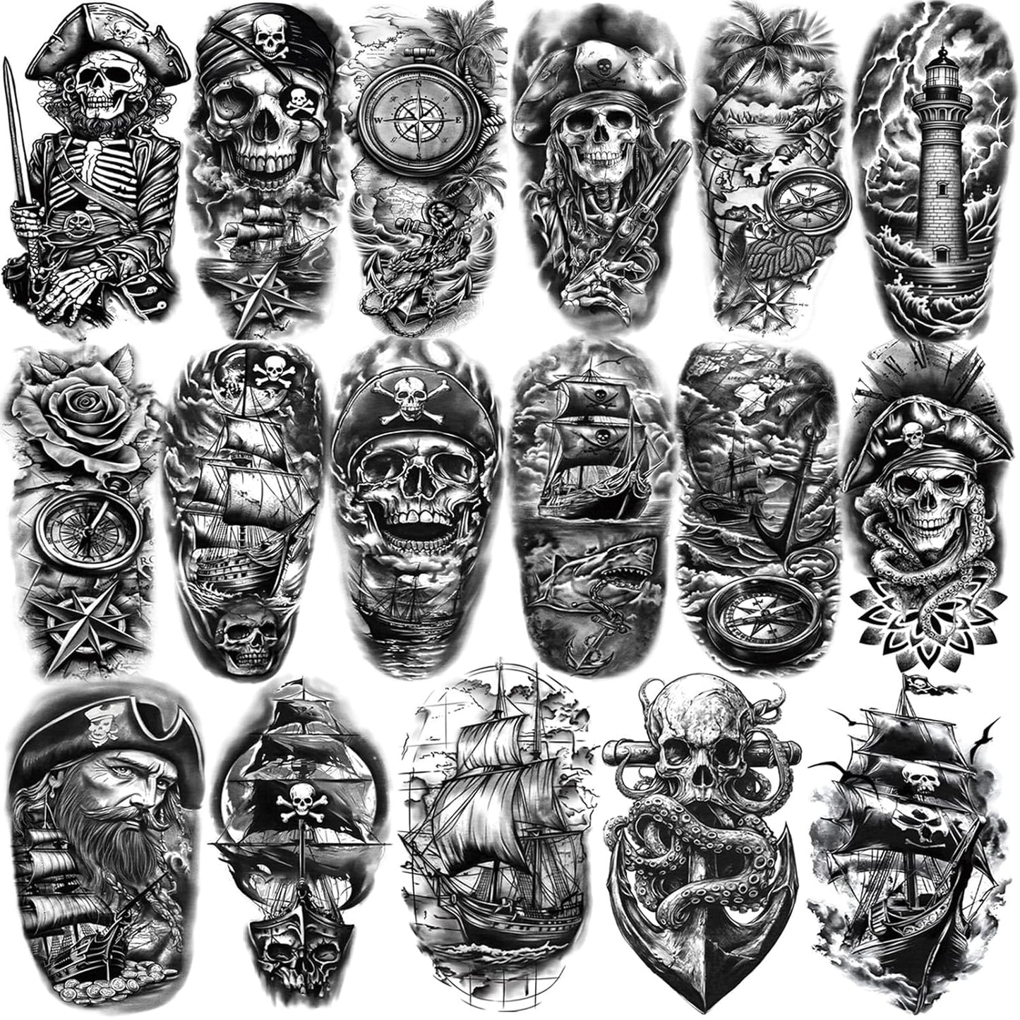 77 Sheets Temporary Tattoo, 17 Sheets Half Arm Pirate Captain Skull Compass Fake Tattoos for Women Men, 60 Sheets Pirate Anchor Sword Flag Realistic Tiny for Adult Kids Body Tattoos Stickers