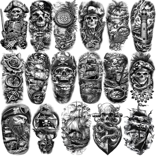 77 Sheets Temporary Tattoo, 17 Sheets Half Arm Pirate Captain Skull Compass Fake Tattoos for Women Men, 60 Sheets Pirate Anchor Sword Flag Realistic Tiny for Adult Kids Body Tattoos Stickers