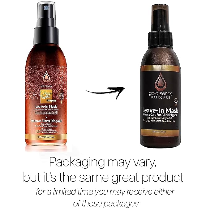 Gold Series Leave-In Hair Mask – Argan Oil Hair Mask Enriched with Keratin – Nourishing and Gently Detangling Leave In Conditioner Spray for Curly, Frizzy or Damaged Hair, 4.2 Fl.oz