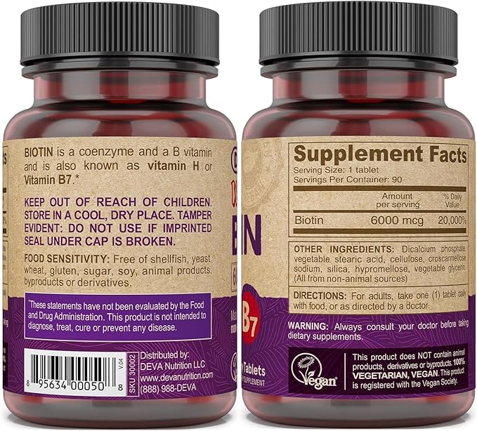 DEVA Vegan Biotin 6000mcg 2-Pack – Vitamin B7, Easy-to-Swallow Tiny Tablets, 90 Count Ea