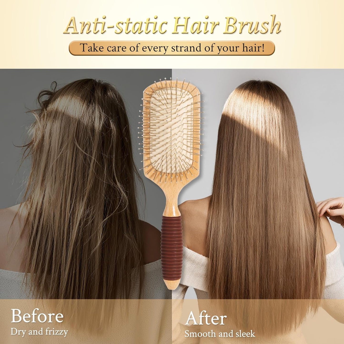 BFWood Paddle Hair Brush with Steel Bristles, Metal hair brush, Help Hair Growth and Massaging Scalp, Anti-frizz Metal Detangling Brush Styling Hairbrush