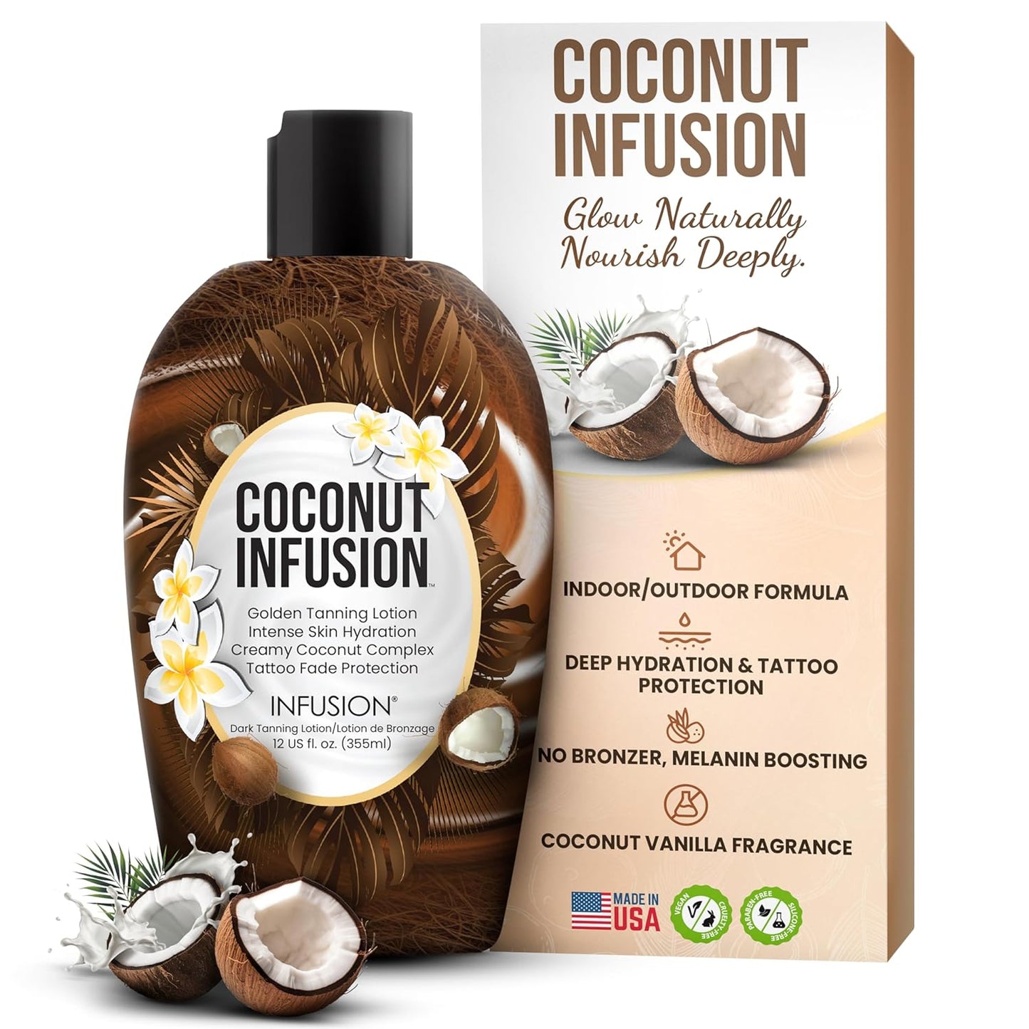 Coconut Infusion Tanning Lotion – Indoor & Outdoor Tan Accelerator – Hydrating, Safe for Face, Body, and Tattoos – Coconut Vanilla Scent – No Bronzer, Compatible for All Skin Types