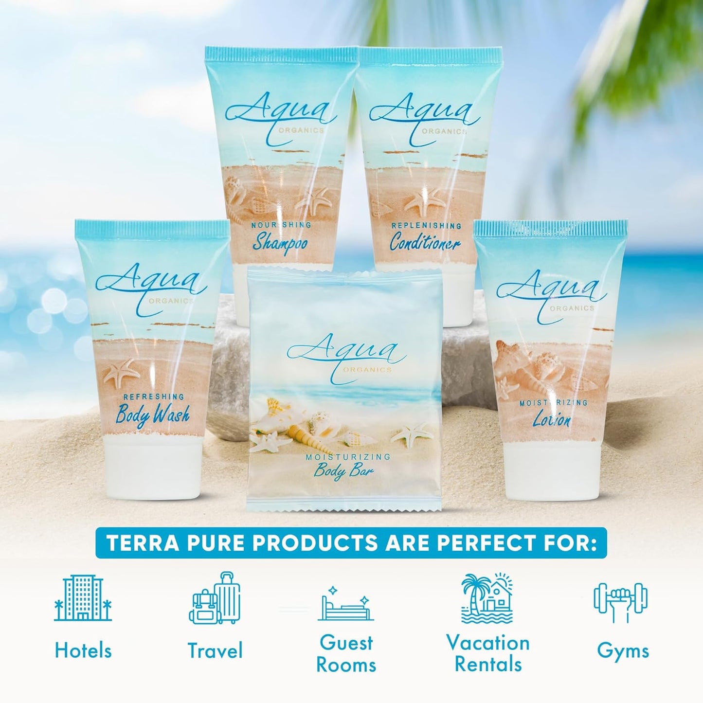 Aqua Organics Hotel Soaps and Toiletries Bulk Set | 1oz Hotel Shampoo & Conditioner, Body Wash, Body Lotion & 1oz Bar Soap Travel Size | 300 Pieces