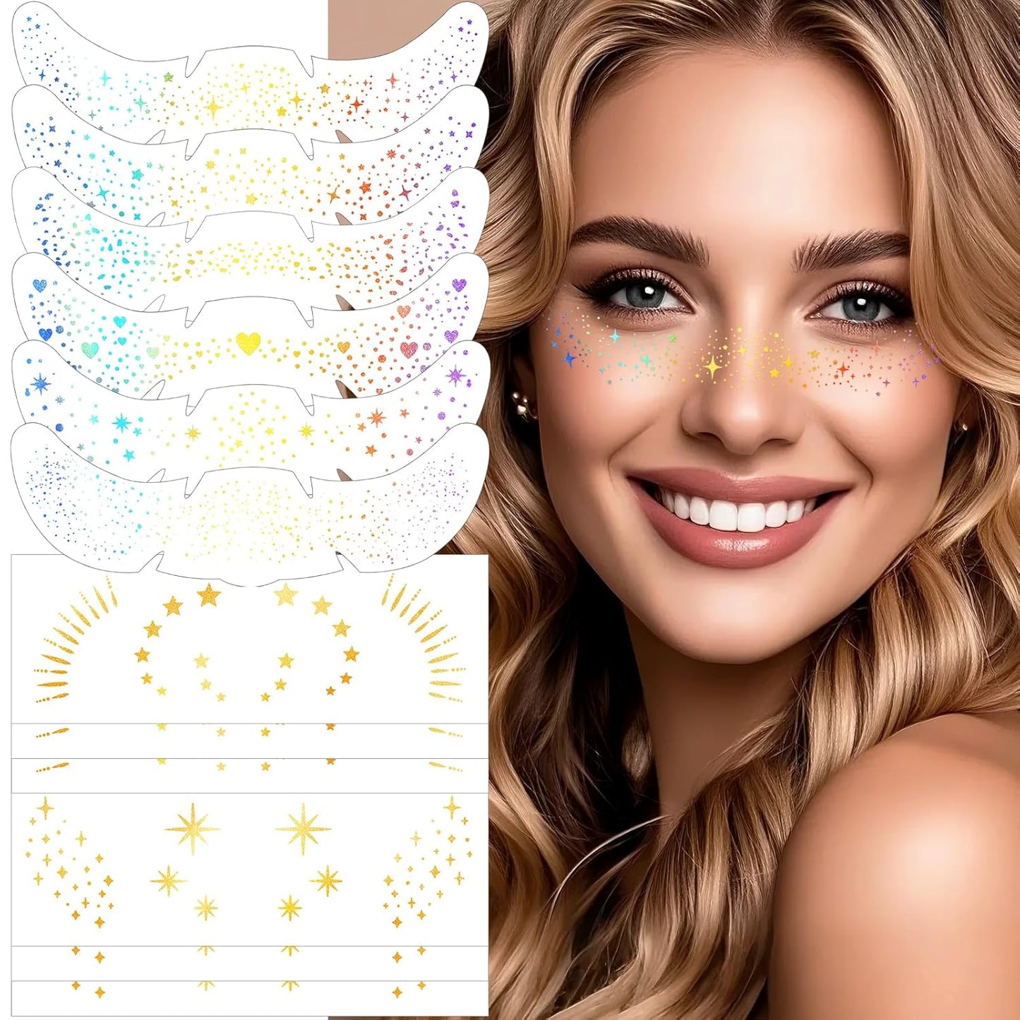 HyperFun 12Pcs Face Glitter Freckles, Face Glitter Fake Freckles Sticker, Holographic Multichrome Waterproof Sparkle Freckles Makeup Patches for Women Rave Festival Accessories Concerts Party Prom