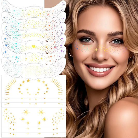 HyperFun 12Pcs Face Glitter Freckles, Face Glitter Fake Freckles Sticker, Holographic Multichrome Waterproof Sparkle Freckles Makeup Patches for Women Rave Festival Accessories Concerts Party Prom