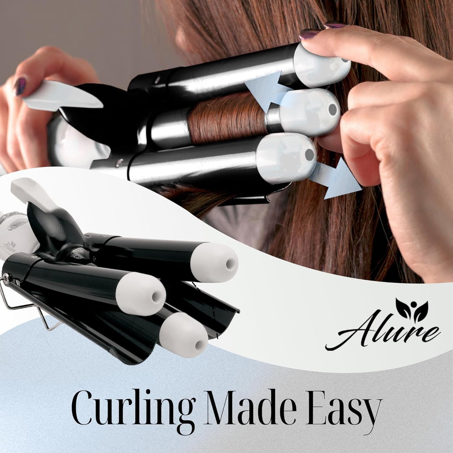 Alure Three Barrel Curling Iron Wand Hair Waver with LCD Temperature Display - 1 Inch Ceramic Tourmaline Triple Barrels, Dual Voltage Crimp (Black/White)