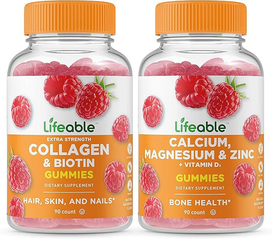 Lifeable Collagen & Biotin + Calcium, Magnesium, Zinc & Vitamin D, Gummies Bundle - Great Tasting, Vitamin Supplement, Gluten Free, GMO Free, Chewable Gummy
