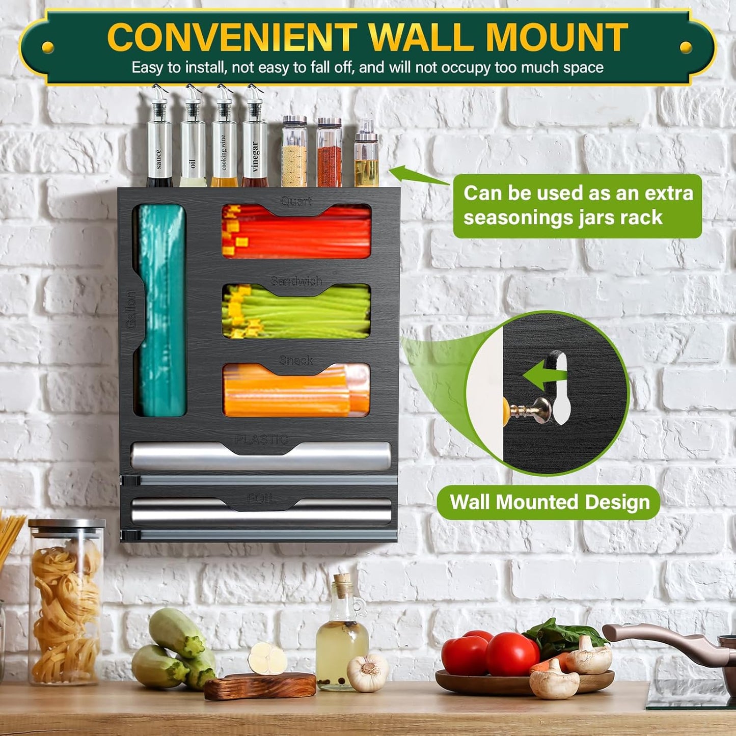 KOCWELL Bag Organizer & Plastic Wrap Dispenser with Cutter, 6 In 1 Bamboo Foil & Plastic Wrap Organizer for Kitchen, Food Storage Bag Organizer