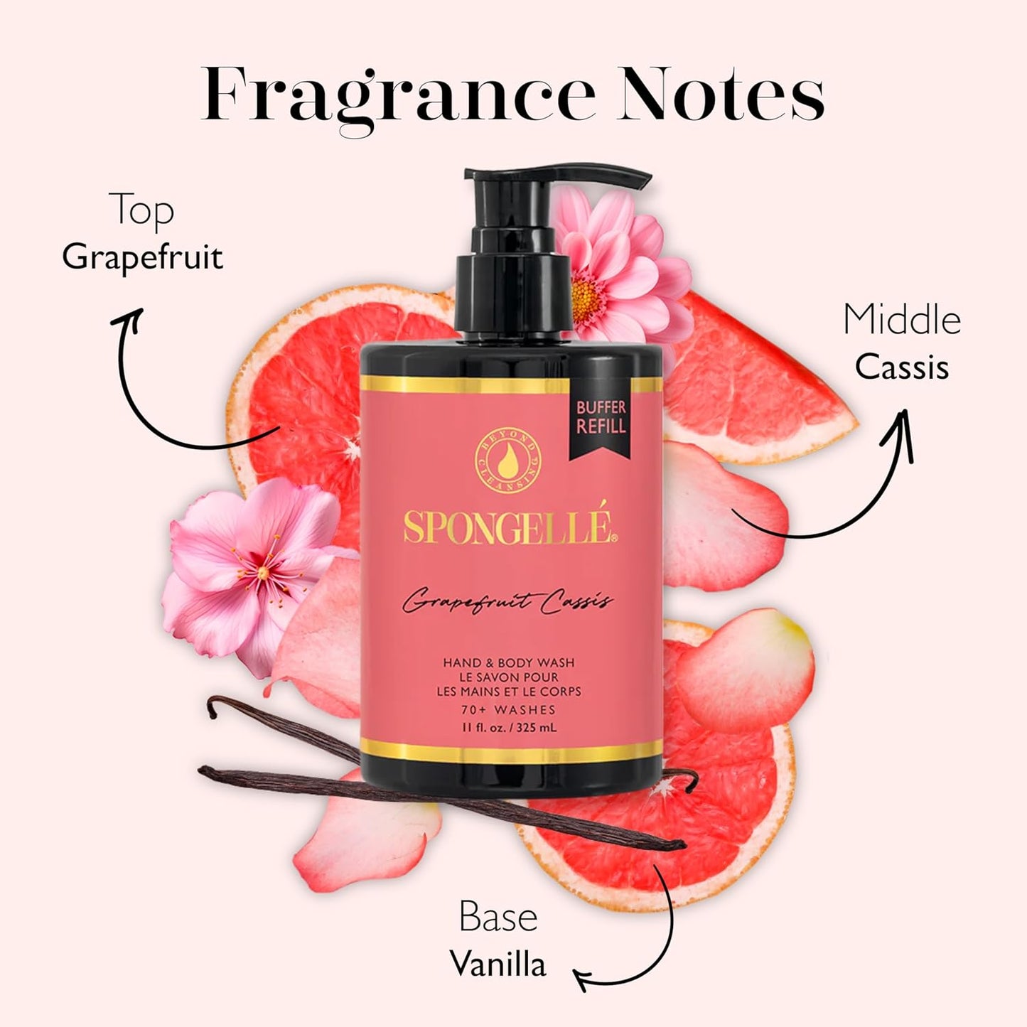 Spongelle Grapefruit Cassis Refill Hand & Body Wash | Nourishing Luxury Soap | Zesty Grapefruit, Cassis & Vanilla | 11 fl. oz.