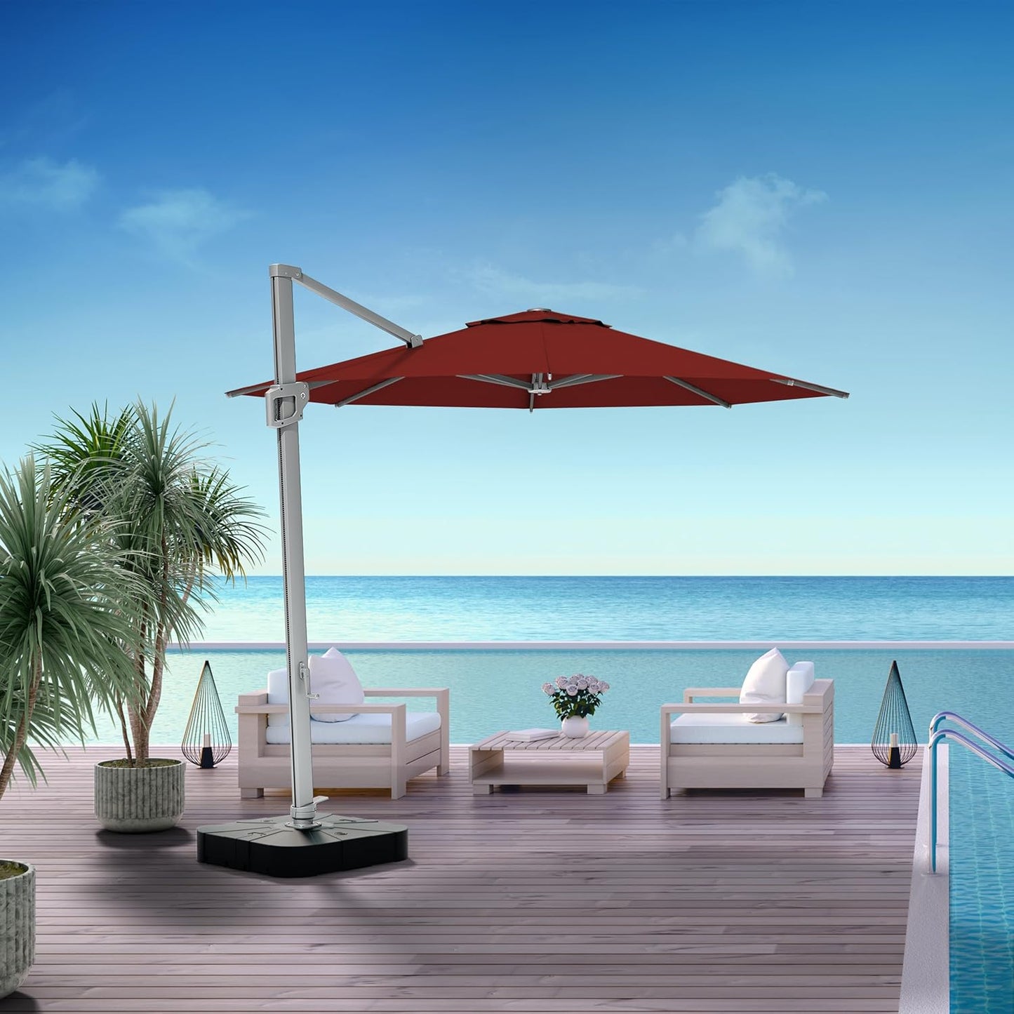 Midtown Umbrellas 10 Ft Outdoor Cantilever Patio Umbrella w/Terylast Cherry Burgundy Fabric - Rotate 360° Offset Patio Umbrella, Deck Patio Umbrella, Backyard Umbrella & Garden Umbrella - Silver Frame