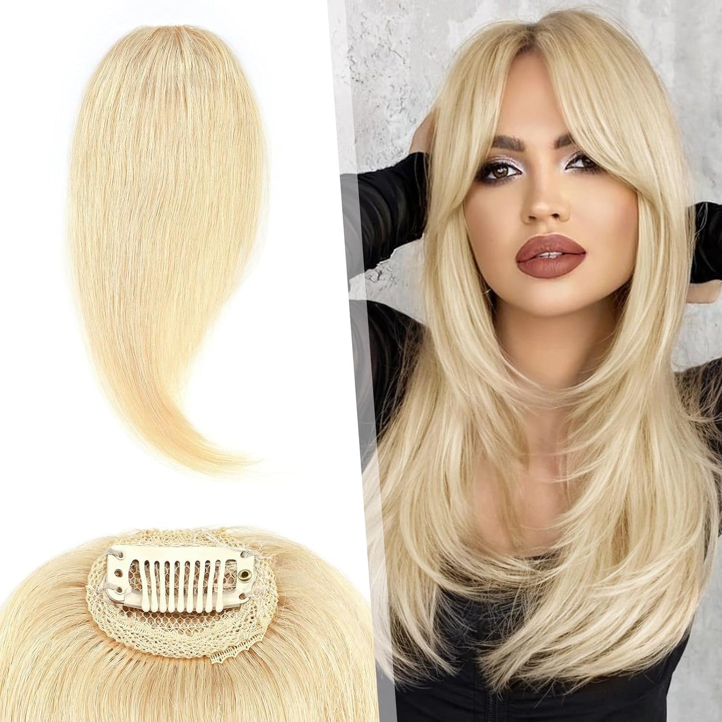 Hairro Clip in Wave Side Bangs Extensions, 100% Human Hair 2 PCS Clip on Middle Part French Bangs Thin Sides Swept Fringe Hairpieces