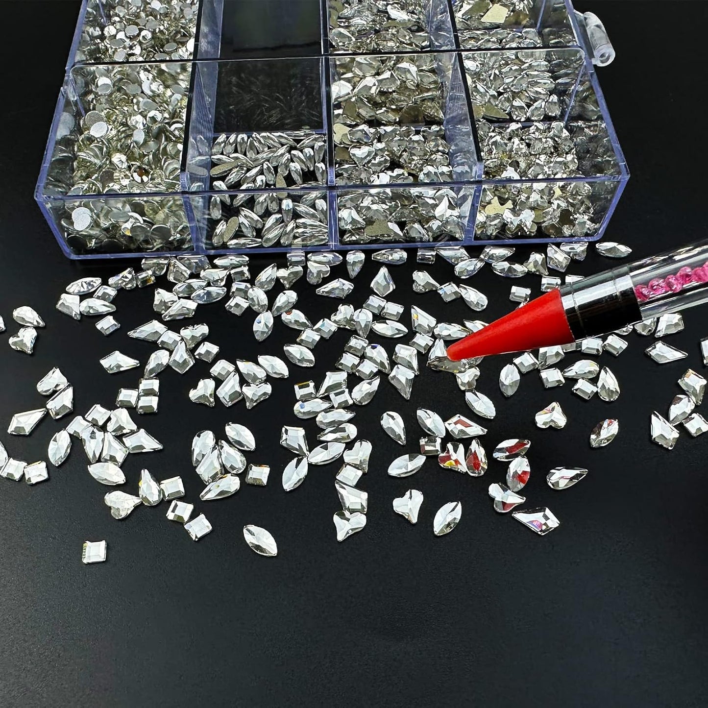 HUETFAT 14 Shaped Clear Nail Rhinestones for Art +6 Size Round Flatback Nails-Silver Charms with Wax Pen