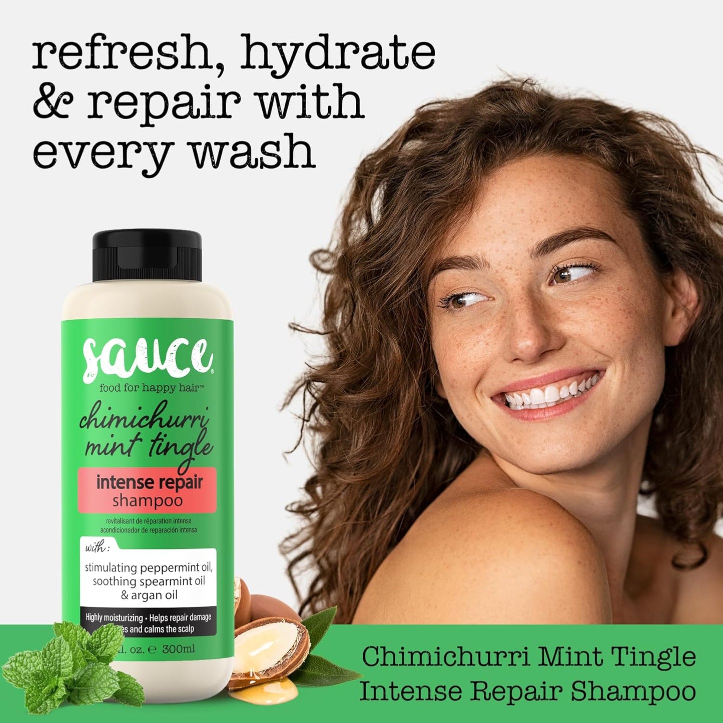 SAUCE Intense Repair Shampoo, Chimichurri Mint Tingle (10 Fl Oz) Soothes & Calms Scalp, Hydrating Shampoo for Damaged Hair with Argan & Peppermint Oil, No Parabens & Sulfates