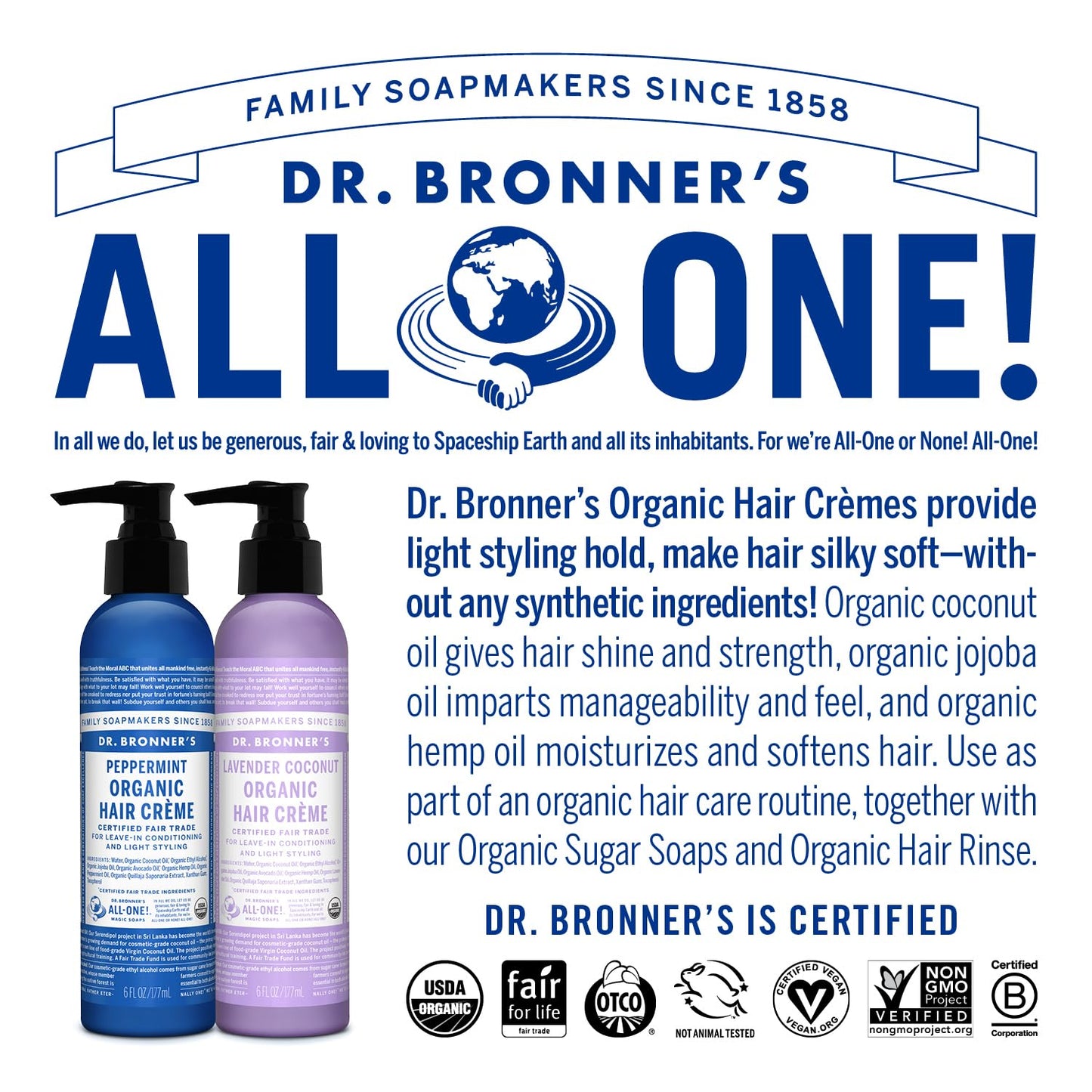 Dr. Bronner's - Organic Hair Crème - Lavender Coconut, Leave-In Conditioner & Styling Cream, Made w/Organic Oils, Hair Cream Supports Shine & Strength, Nourishes Scalp, Non-GMO (6oz, 2-Pack)