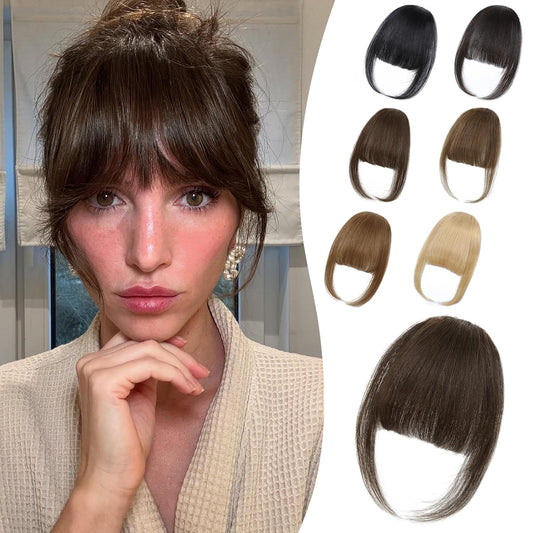 Wispy Bangs Hair Clip, 100% Human Hair Clip In Dark Brown Bangs for Women, Soft Layered Fake Bangs with Feathered Fringe, Easy Clip-On Design for Daily Wear & Halloween