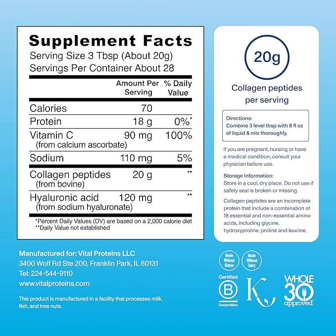 Vital Proteins Collagen Peptides Powder Advanced with Hyaluronic Acid & Vitamin C - 20oz Collagen Protein, Unflavored, 28 Servings