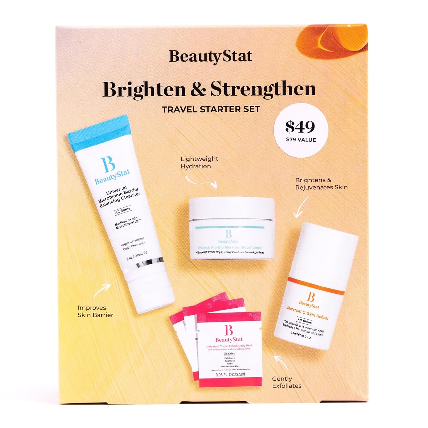 BeautyStat Brighten & Strengthen Daily Travel Starter Kit: 10ml Universal C Skin Refiner, 10ml Probiotic Moisture Boost Cream, 30ml Microbiome Purifying Cleanser, (3) Triple Action Daily Peels