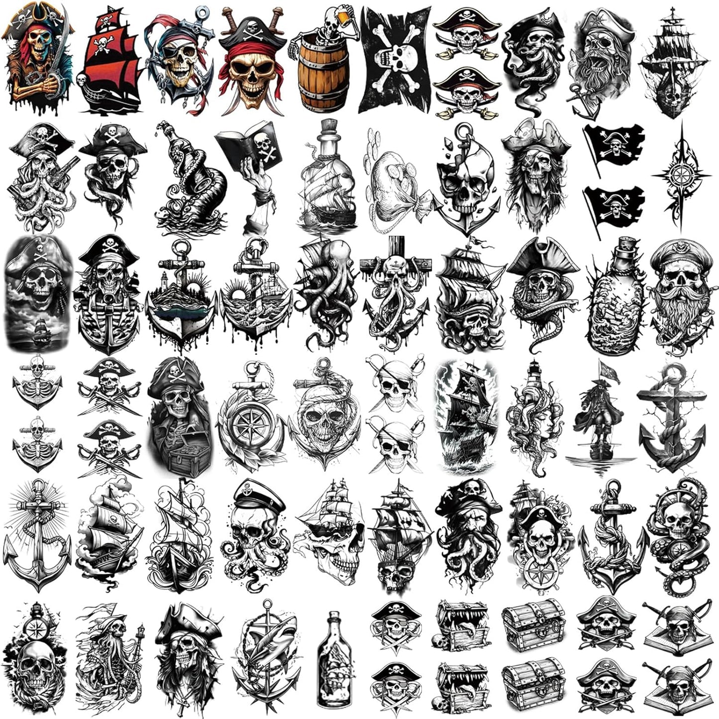 77 Sheets Temporary Tattoo, 17 Sheets Half Arm Pirate Captain Skull Compass Fake Tattoos for Women Men, 60 Sheets Pirate Anchor Sword Flag Realistic Tiny for Adult Kids Body Tattoos Stickers
