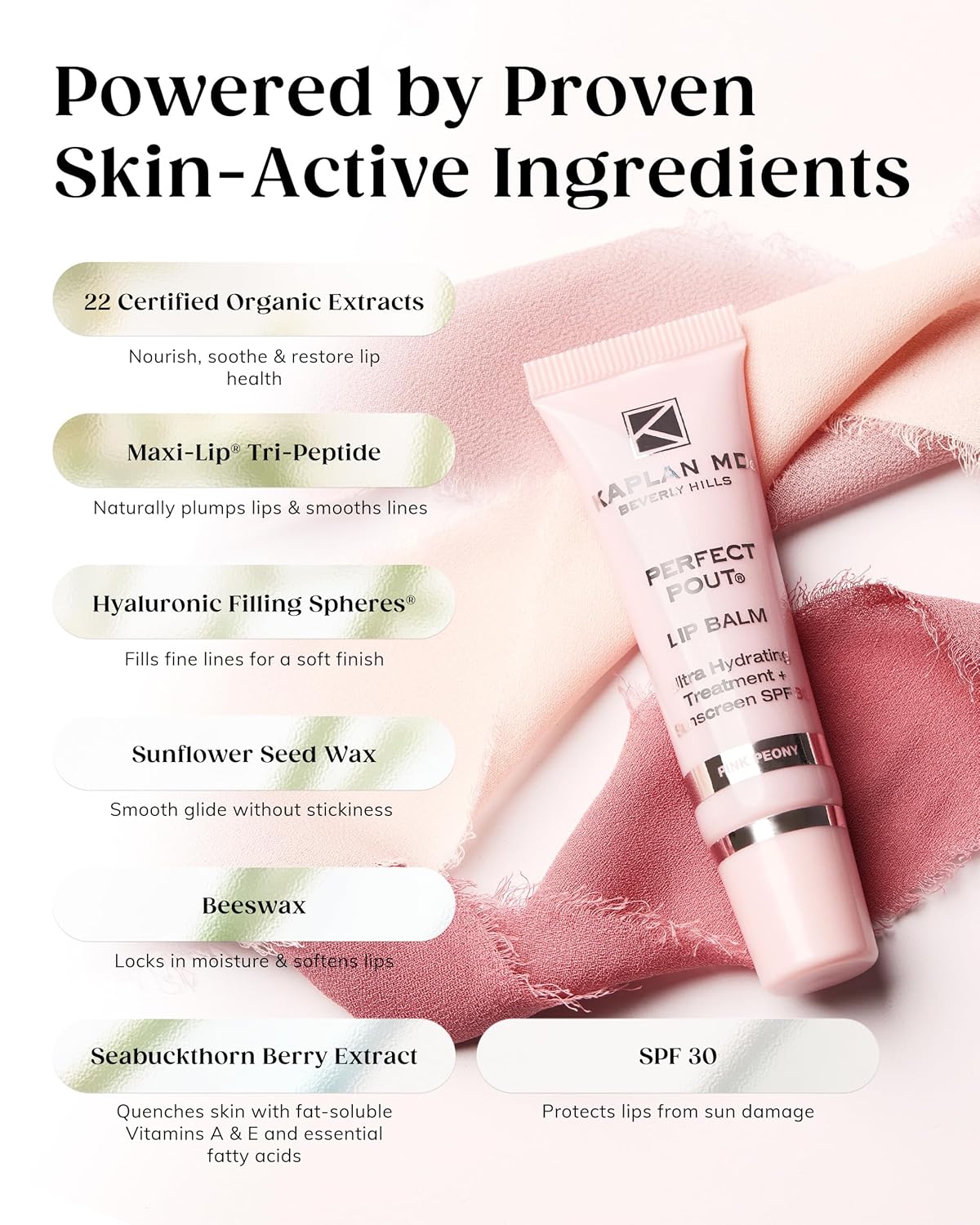 KAPLAN MD Perfect Pout SPF Lip Balm - Ultra Hydrating Lip Treatment for Dry, Chapped Lips - Sunscreen SPF 30 - Smooths Fine Lines - Glossy Finish - Non-Sticky Texture - Rose Blush