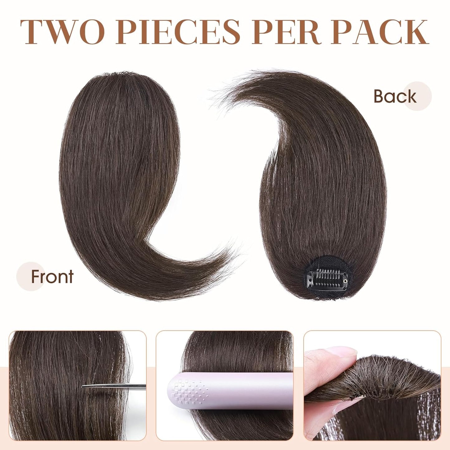 Hairro Clip in Wave Side Bangs Extensions, 100% Human Hair 2 PCS Clip on Middle Part French Bangs Thin Sides Swept Fringe Hairpieces